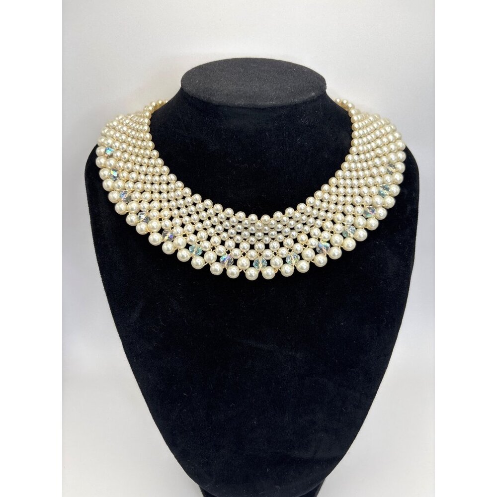 Vintage White Faux Pearl AB Crystal Collar Bib Choker 14” Necklace Estate Jewelr